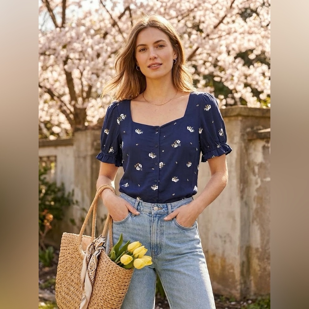 Elodie Navy Floral Button-Front Blouse